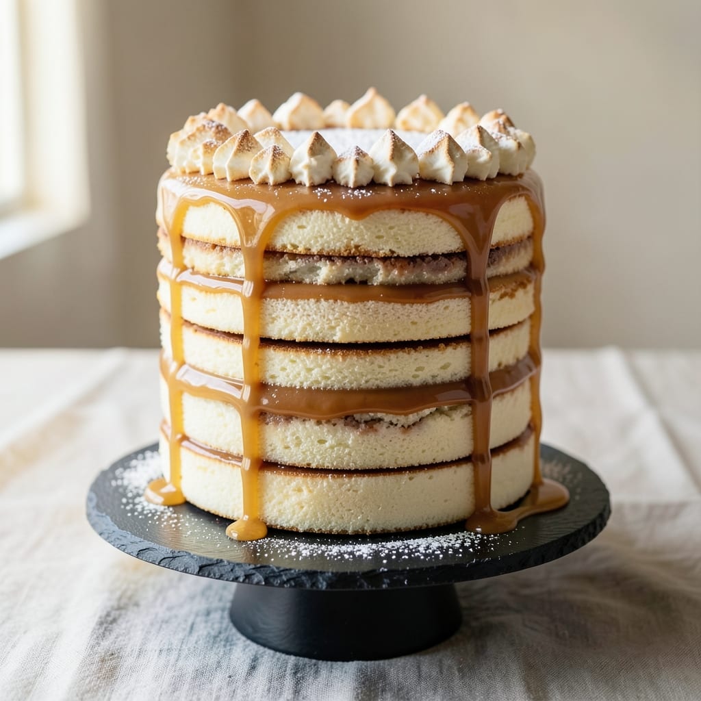 14 Layer Caramel Cake Recipe: Buttery Vanilla Layers and Gooey Caramel Rivers
